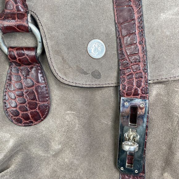 NIQUEA.D Gray SUEDE HOBO BAG! Large Brown Alligator Leather Purse MADE in ITALY - Picture 6 of 16